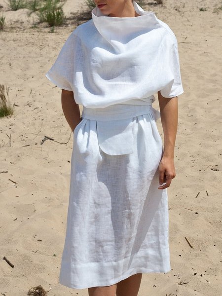 

Daily Short sleeve Linen Regular Fit Daily Dress, White, Midi Dresses