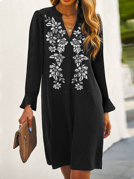 

V Neck Elegant Loose Dresses, Black, Mini Dresses