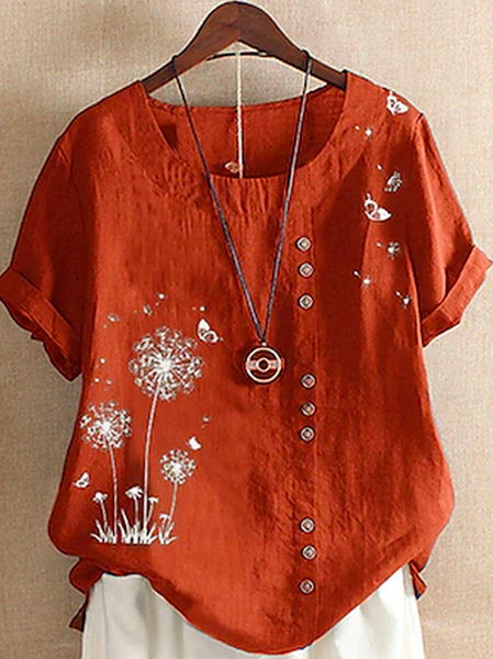 

Loose Crew Neck Vacation Dandelion Floral Button Short Sleeve Blouse, Orange, Blouses & Shirts