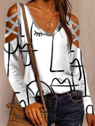 

Crew Neck Simple Abstract Tops, White, Shirts & Blouses