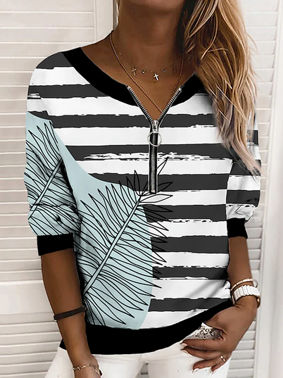 

Zipper Striped Leaf V Neck Regular Fit Sweatshirts, White, Sweatshirts & Hoodies
