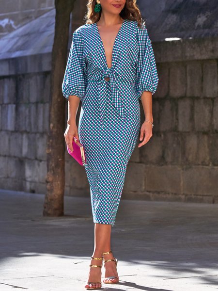 

Deep V Neck Elegant Midi Dress, Blue, Midi Dresses