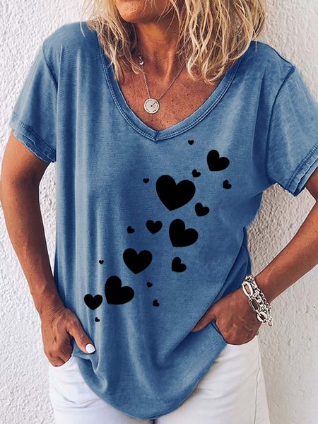 

Women Cordate Love Printing Cotton-Blend Casual V Neck T-Shirt, Blue, T-shirts