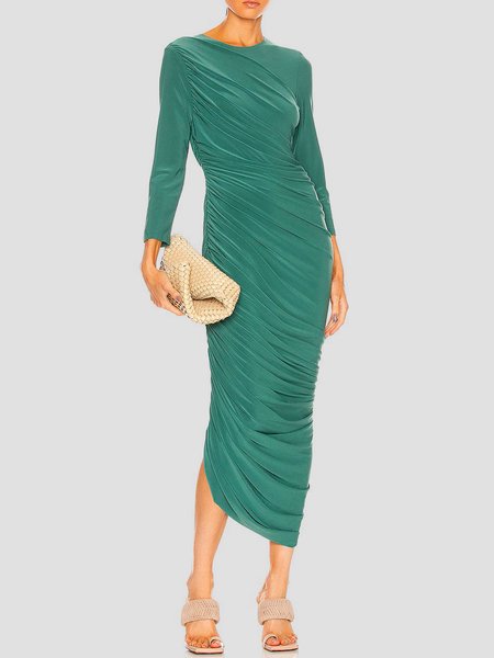 

Elegant Ruched Crew Neck Plain Long Sleeve Dress, Green, Midi Dresses