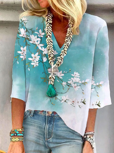 

Casual Floral V Neck Tops, Green, Shirts & Blouses