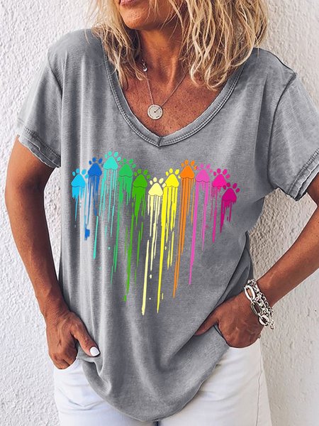 Womens Colorful Paw Print Crew Neck T-Shirt, Gray, T-shirts