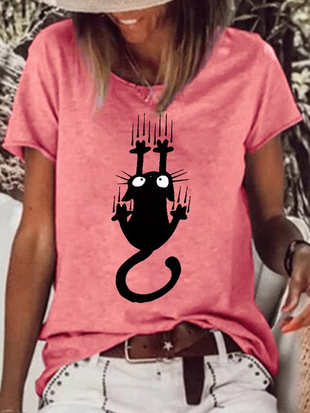 

Womens Funny Cute Falling Cat Crew Neck T-Shirt, Red, T-shirts