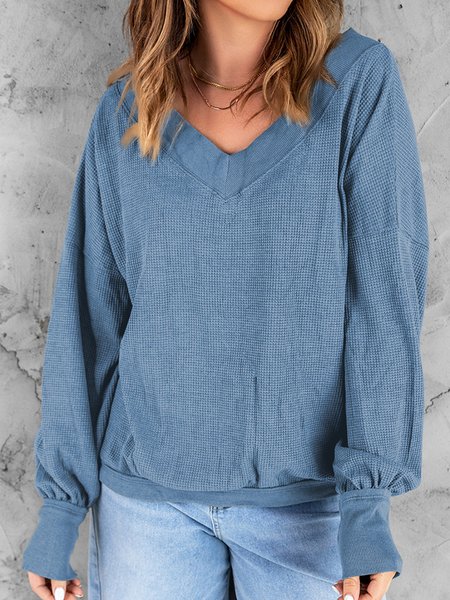 

Waffle fabric mixed cotton loose top sweater plus size, Blue, Sweatshirts & Hoodies