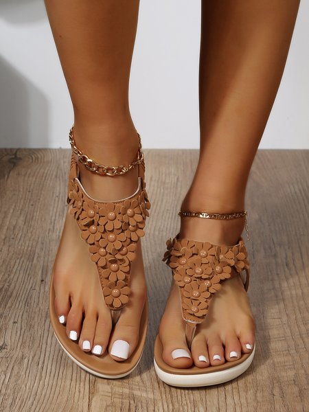 

Three-dimensional Floral Decoration Bohemian Flip-flops Sandals, Brown, Sandals & Slippers