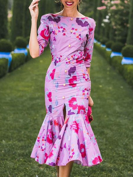 

Vacation Floral Printed Buttoned Half Sleeve Mermaid Skirt Dress, Pink, Maxi Dresses