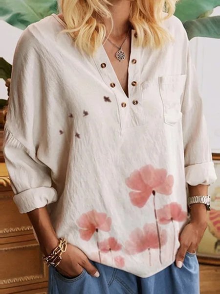 

Floral Elegant V Neck Blouse, Apricot, Shirts & Blouses