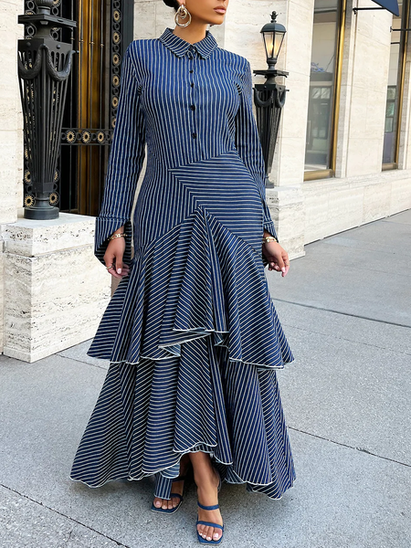 Autumn Long sleeve X-Line Shirt Collar Regular Fit Elegant Daily Shirt Collar Dresses, Dark blue, Maxi Dresses