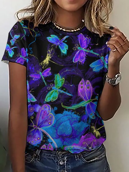 

Womens Dragonfly Print Crew Neck T-Shirt, As picture, T-shirts