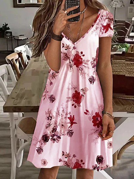 

Boho Floral V neck Short Sleeve Knit Dress, Pink, Dresses