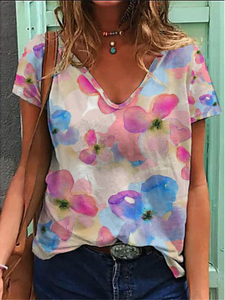 

Casual Cotton-Blend Floral T-Shirt, Multicolor, Shirts & Blouses