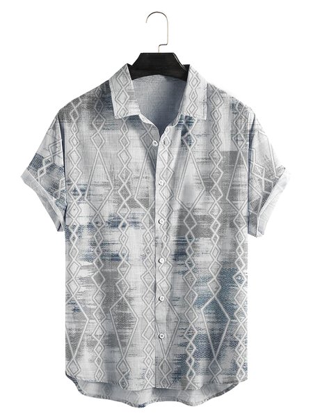 

Cotton Linen Geometric Print Casual Short Sleeve Shirt, As picture, Men's Floral shirt