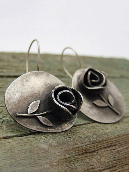 

Vintage Boho Asymmetric Leaf Rose Flower Earrings, Silver, Earrings