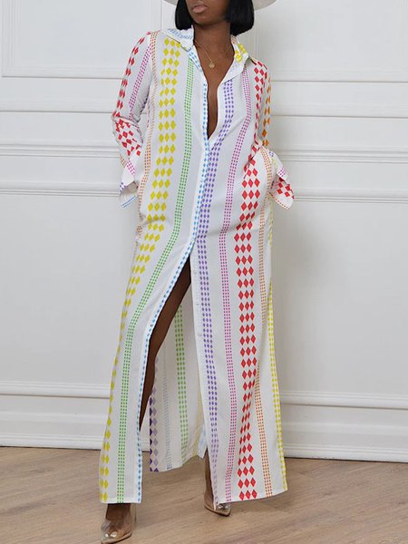 

Vacation Loose Pockets Geometric Printed Shirt Dress, Multicolor, Maxi Dresses
