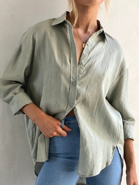 Plain Casual Long-sleeved Shirt, Green, Blouses & Shirts