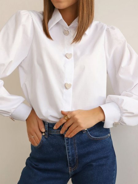 

Plain Shirt Collar Loosen Daily Simple Blouse, White, Blouses and Shirts
