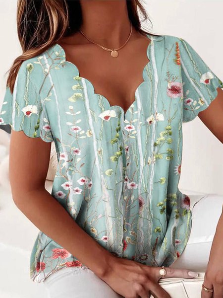 

V Neck Loose Casual Floral T-Shirt, Multicolor, T-Shirts