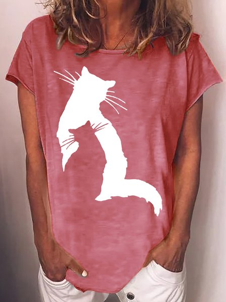 

Womens Cat Print Casual T-Shirt, Red, T-shirts