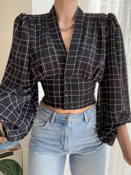 

Plaid Regular Fit Urban Long Sleeve Blouse, Black, Blouses and Shirts