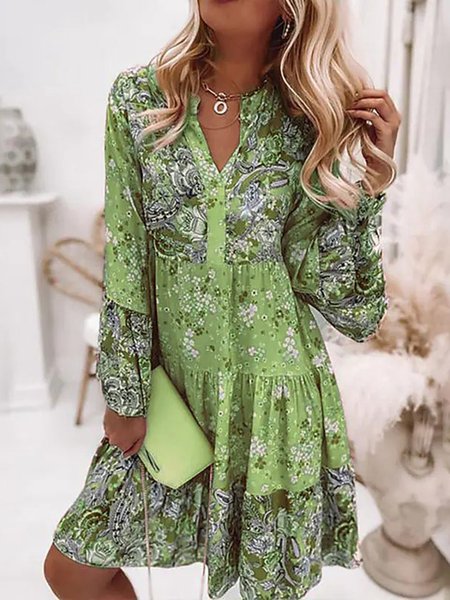 

V Neck Loosen Casual Long sleeve Woven Dress, Green, Dresses