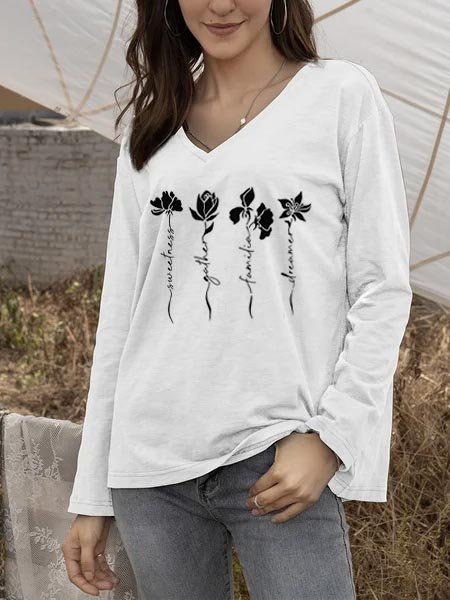 

V Neck Casual Floral T-Shirt, White, Tops