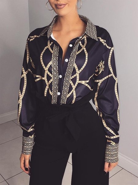 

Shirt Collar Geometric Urban Long Sleeve Blouse, Deep blue, Blouses and Shirts