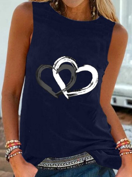 

Casual Heart Sleeveless Round Neck Printed Tank Top Vests, Blue, Tanks & Camis
