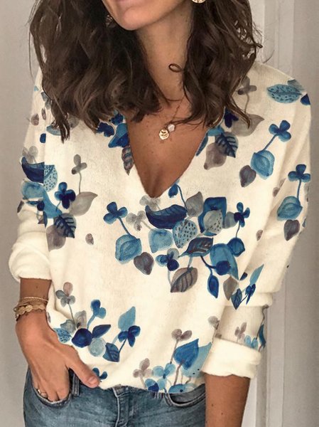 

Floral Regular Fit V Neck Casual T-Shirt, Beige, Blouses & Shirts