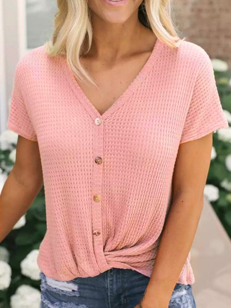 

Waffle plain button knot basic elastic top T-shirt Plus Size, Pink, T-Shirts