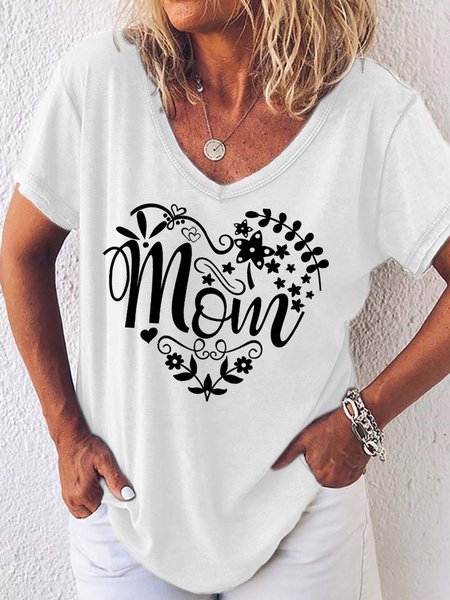 

Women Mom Love Letter Casual Regular Fit V Neck T-Shirt, White, T-shirts