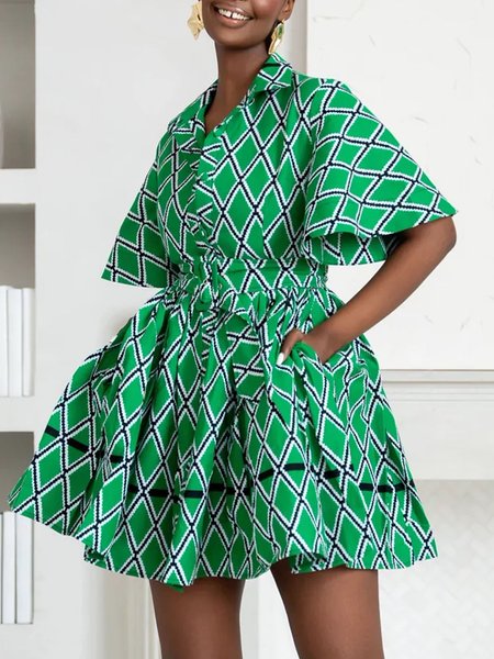 

Vacation Geometric Printed Half Sleeve Shirt Collar Dress, Green, Mini Dresses
