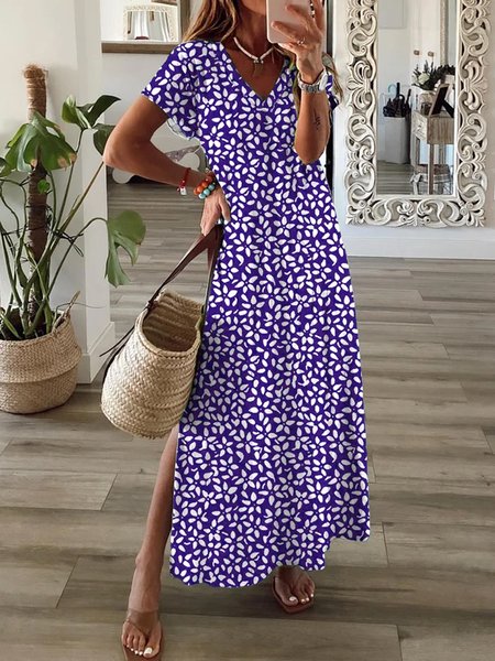 

Casual Floral Short Sleeve V Neck Printed Dress, Purple, Dresses