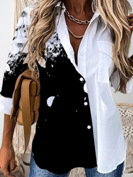 

Color Block Floral Shirt Collar Vacation Blouse, Black, Shirts & Blouses