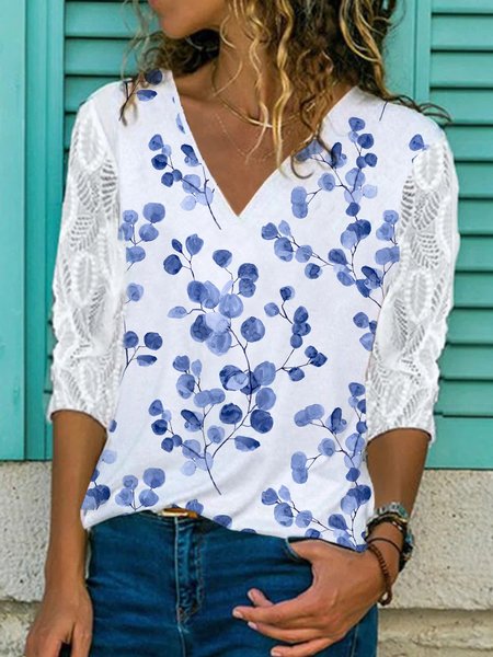 

V Neck Lace Sleeve Casual Tops, White, Shirts & Blouses