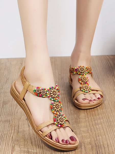 Colorful Rice Beads Wooden Flower Beach Sandals, Brown, Sandals