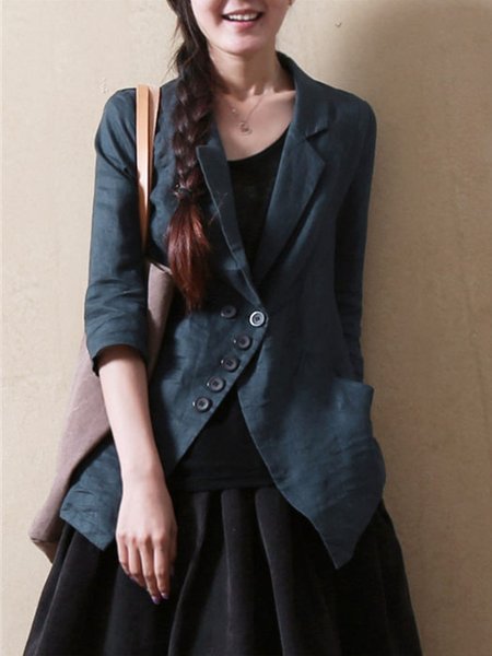 

Plain Daily Three Quarter Lapel Collar Linen Blazer, Deep blue, Blazers