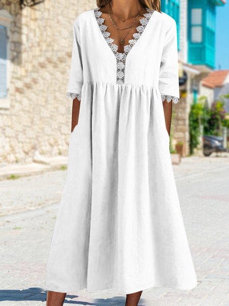 

Basic holiday Lace midi Dress smock dress Plus Size, White, Midi Dresses