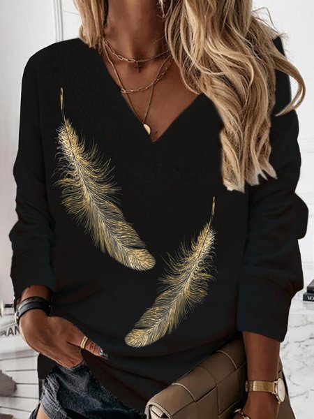 

Feather Pattern Casual V Neck Sweatshirt, Black, Sweatshirts & Hoodies