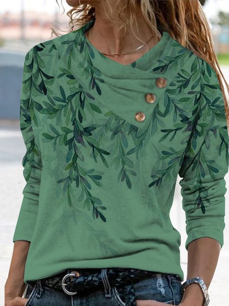 

JFN Cowl Neck Gradient leaf button pile collar T-shirt, Green, Shirts & Blouses