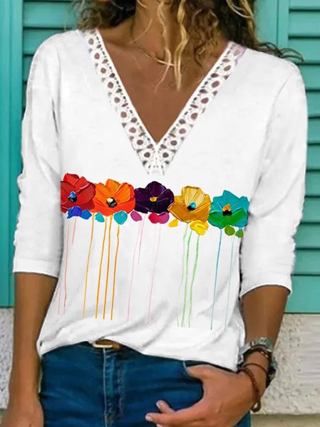 

Floral Casual V Neck T-Shirt, White, Tops