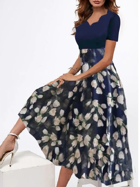 

Elegant Floral V Neck Dresses, Dark blue, Dresses