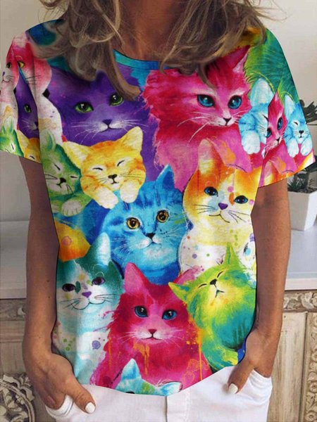 

Womens Cute Cat MEOW Print Casual T-Shirt, As picture, T-shirts
