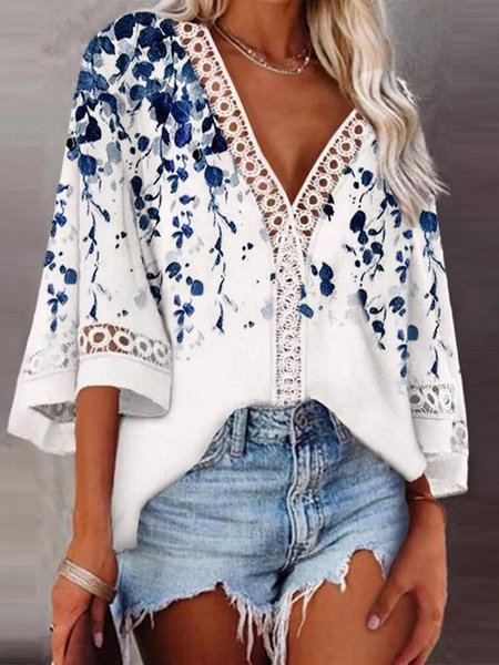 

V Neck Casual Floral Tops, Blue, Shirts & Blouses