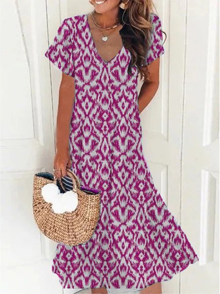 

Casual V Neck Geometric Short Sleeve Loose Dress, Purple, Dresses