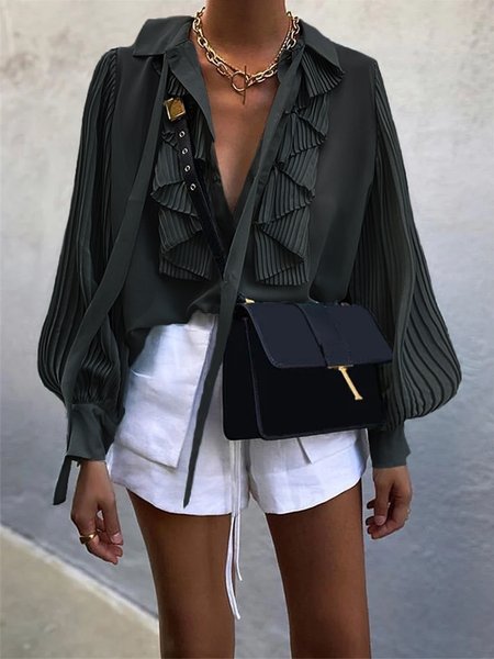 

Urban Shirt Collar Loose Long Sleeve Blouse, Black, Blouses and Shirts