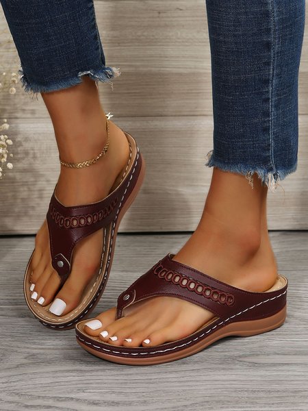 

Hollow Breathable Retro Casual Wedge Flip-Flops, Wine red, Sandals & Slippers